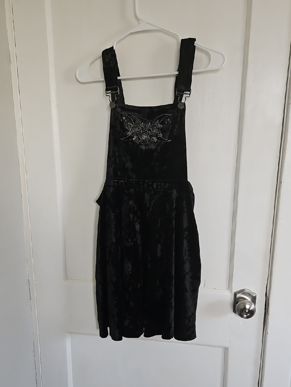 Hot Topic Black Velvet With Floral Moon Embroidery Pinafore Dress